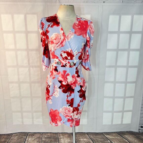 VENUS Dresses & Skirts - Venus light blue floral short puff sleeve grommet cutout waist summer party dres